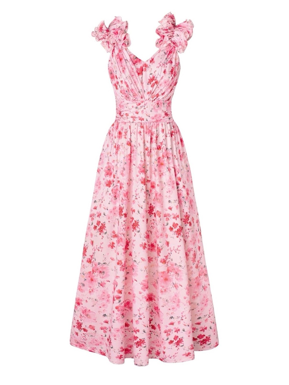 Pink Floral Ruffle-Shoulder Maxi Dress